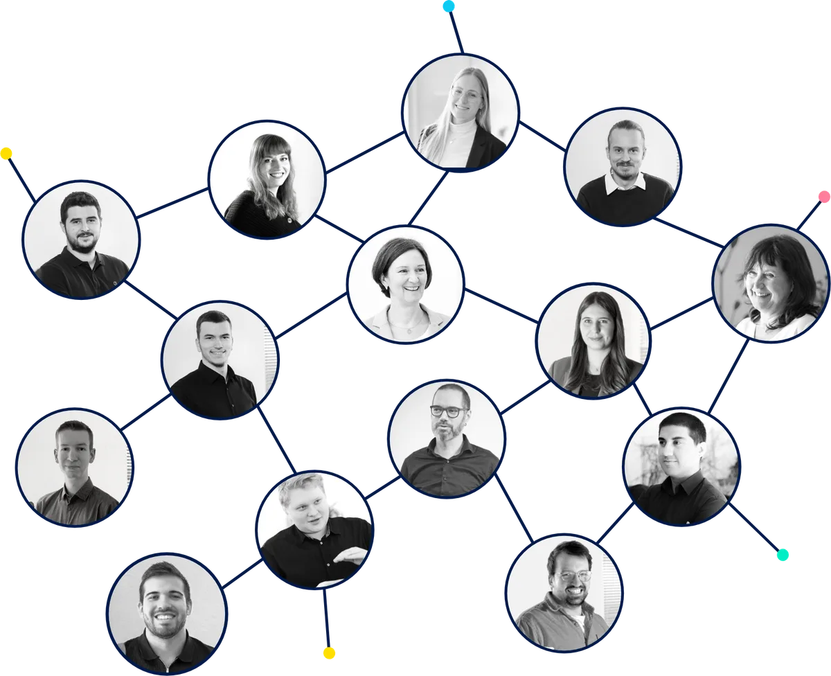 Vernetzungsgrafik: farbige Datenpunkte, durch Linien miteinander verbunden